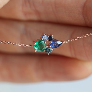 Cluster Necklace, Sapphire Necklace, Emerald Necklace, May September Necklace, Ombre Necklace Rose Gold image 6