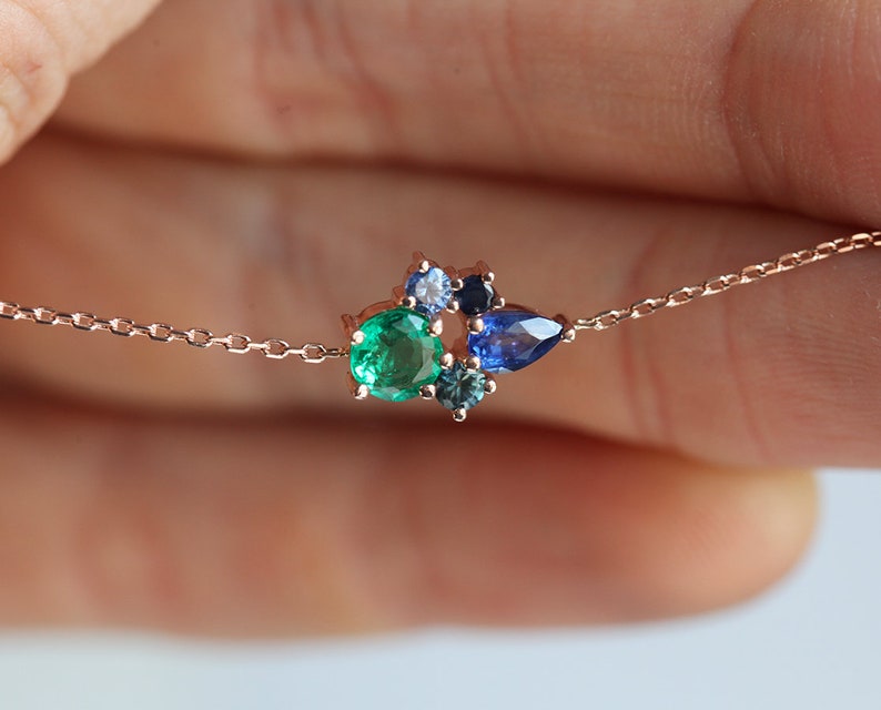 Cluster Necklace, Sapphire Necklace, Emerald Necklace, May September Necklace, Ombre Necklace Rose Gold image 6