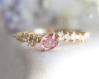 Diamond Ring with Pink Peach Sapphire, Peach Sapphire Ring Yellow Gold, Delicate Diamond Cluster Ring