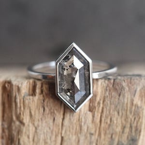 Rose Cut Grey Diamond Ring with Hexagon Diamond, Modern Solitaire Engagement Ring, Alternative Ring by Minimalvs
