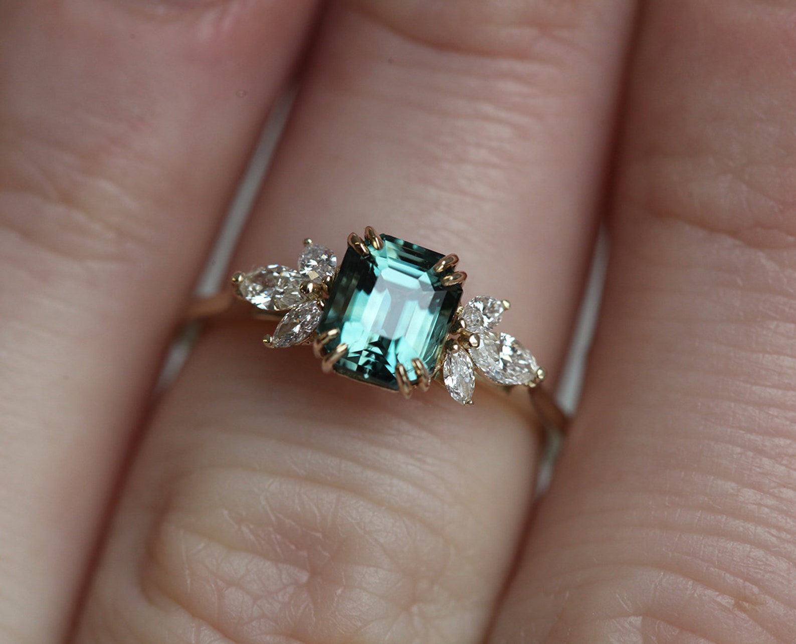 Teal Sapphire Ring Emerald Cut Engagement Ring Accent Etsy UK