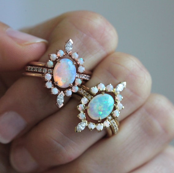 Champagne Skies Australian Opal Ring | Sapphire and Opal Ring | NIXIN