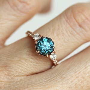 Hexagon Sapphire Engagement Ring, Teal Blue Sapphire Diamond Ring, Round Sapphire ring with side diamonds, 2ct Sapphire Ring image 4