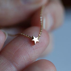 May include: A delicate gold chain necklace with a small, simple star pendant.