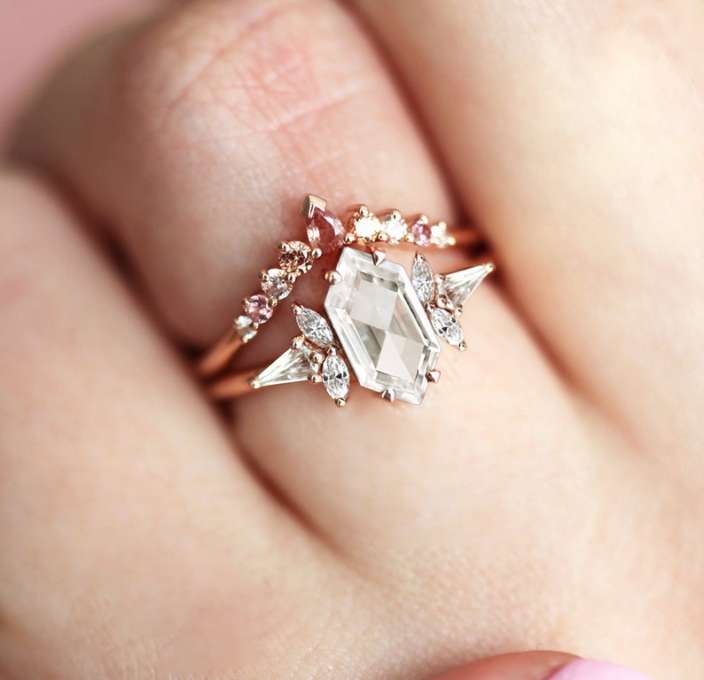 Rose cut white diamond engagement ring Geometric diamond ring image 2