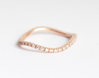 Wave Diamond Wedding Ring, Unique Wave Diamond Eternity Band, Pave Diamond Ring All Around