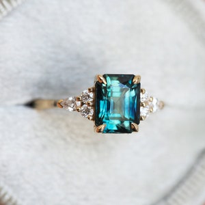 Blue Green Sapphire and Diamond Ring, Radiant Cut Sapphire Engagement ...