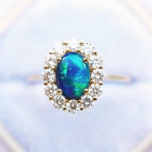 Halo Diamond black opal ring, black opal engagement ring, green blue opal ring