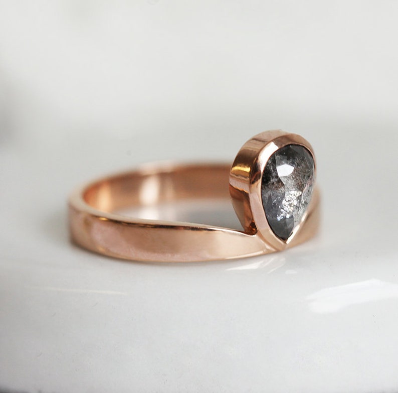 Salt and Pepper Diamond Ring, Rose Cut Pear Diamond Ring, Unique Diamond Engagement, Black, Gray Pear Diamond, 14k 18k rose yellow image 10