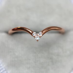 Moonstone wedding band, Chevron ring, Rose gold ring, V shaped ring, Platinum curved nesting band
