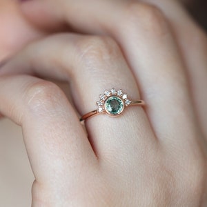 Round Sapphire Engagement Ring Rose Gold, Green Sapphire Diamond Ring, Sapphire Diamond Engagement Ring image 4