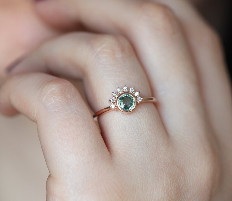 Round Sapphire Engagement Ring Rose Gold, Green Sapphire Diamond Ring, Sapphire Diamond Engagement Ring image 4