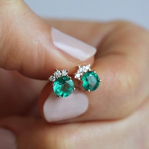 Pendientes de esmeralda natural en oro rosa de 14 k, pendientes de esmeralda con diamantes, pendientes de diamantes en oro rosa