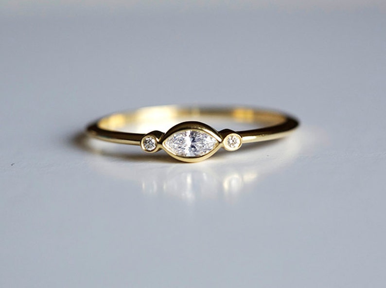 Thin Delicate Marquise Diamond Engagement Ring, Three Diamond Ring, Three Stone Engagement Ring image 5