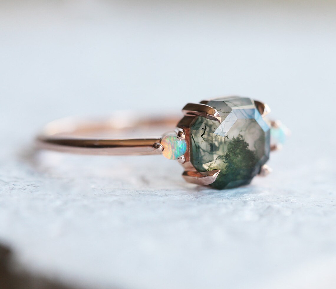 Moss Agate Ring Set Octagon Agate Ring Moss Agate Engagement | Etsy