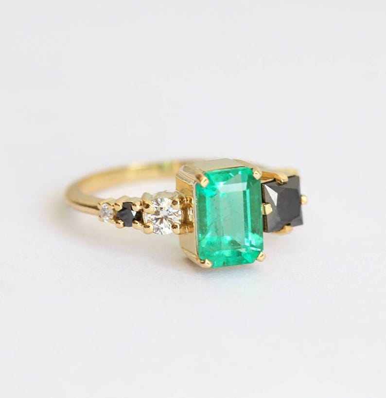 Large emerald diamond Ring, Emerald Cut Emerald Diamond Ring in Yellow Gold, 18k Yellow gold Diamond Ring, Emerald Engagement image 3