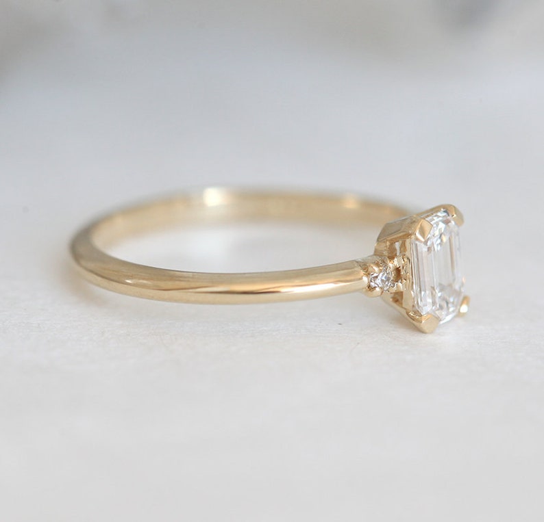 Diamond engagement ring, Emerald cut ring, Three stone ring, Simple gold ring, GIA diamond ring image 7