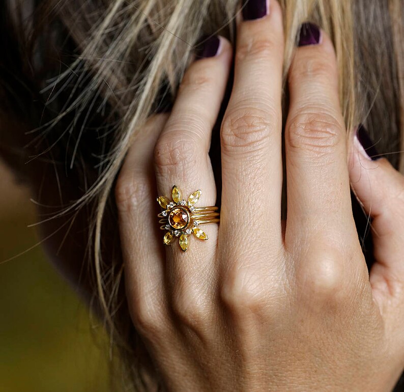 Bohemian Engagement Ring Set Orange Sapphire Ring Gold Sun Etsy