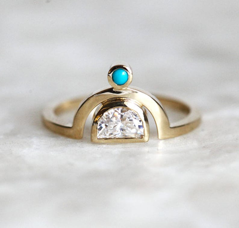 Unique Moissanite Ring, Half Moon Moissanite Ring with turquoise Unique Moissanite Ring, Half Moon Moissanite Ring with turquoise