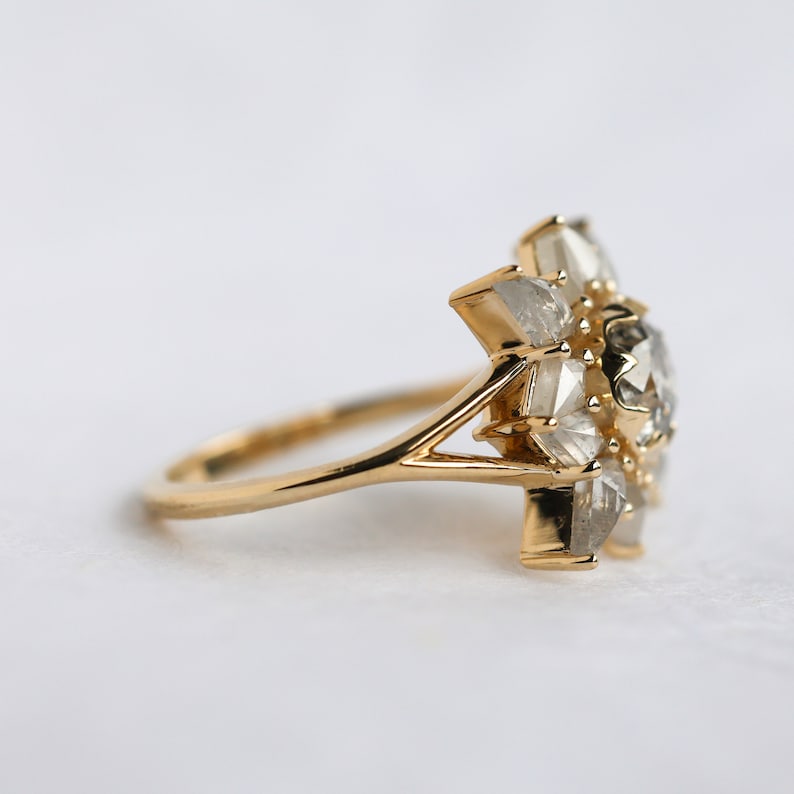Round Salt and Pepper Diamond Ring, 6.30mm, Rose Cut Kite Side Stones, Unique Engagement Ring, yellow gold ring