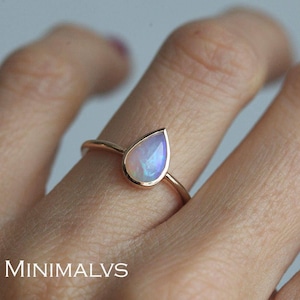 Rose Gold Fire Opal Ring, Australian Opal Solitaire Ring with Pear Cut Natural Opal