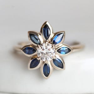 Blue Marquise Sapphire Diamond Ring, Floral Diamond Ring with Sapphires, Sapphire Daisy Ring, Blue Engagement Ring