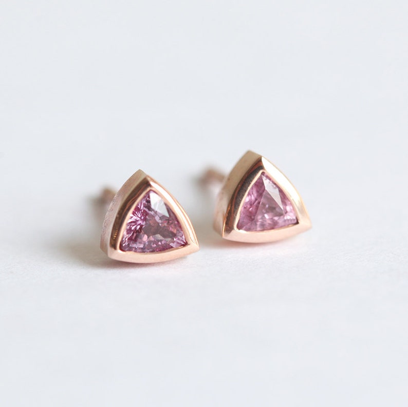 Triangle earrings Rose Gold, Pink Sapphire Earring Studs, Simple Everyday Earrings with sapphires image 2