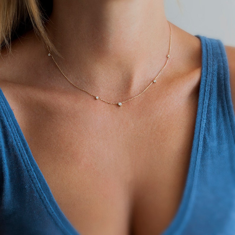 Gold diamond necklace, Station solitaire diamonds necklace, Simple wedding necklace, Dainty necklace image 2