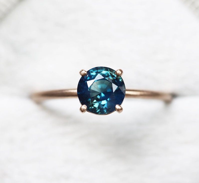 Simple Blue Sapphire Engagement Ring, Sapphire Solitaire Engagement Ring, Four Prong Teal Sapphire Ring with matte band image 1