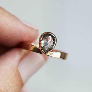 Salt and Pepper Diamond Ring, Rose Cut Pear Diamond Ring, Unique Diamond Engagement, Black, Gray Pear Diamond, 14k 18k rose yellow image 8