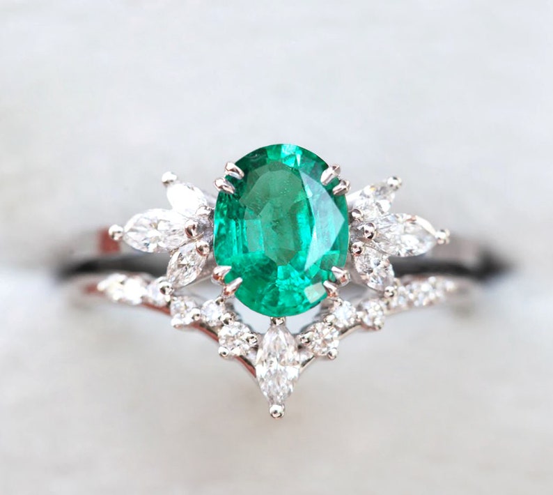 Vera Emerald Engagement Ring Set, Emerald diamond ring set with side marquise diamonds image 1