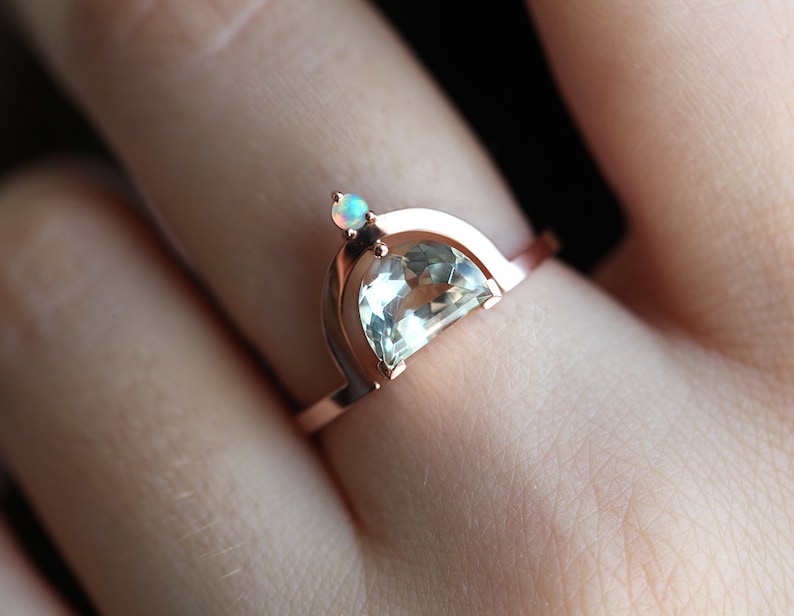 Green amethyst engagement ring, Half moon ring, Unique opal ring, Crescent cut boho ring image 8