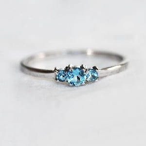 Dainty Blue Topaz Ring, Swiss Blue Topaz Ring, Three Stone Engagement Ring with Blue Topaz or White Diamond