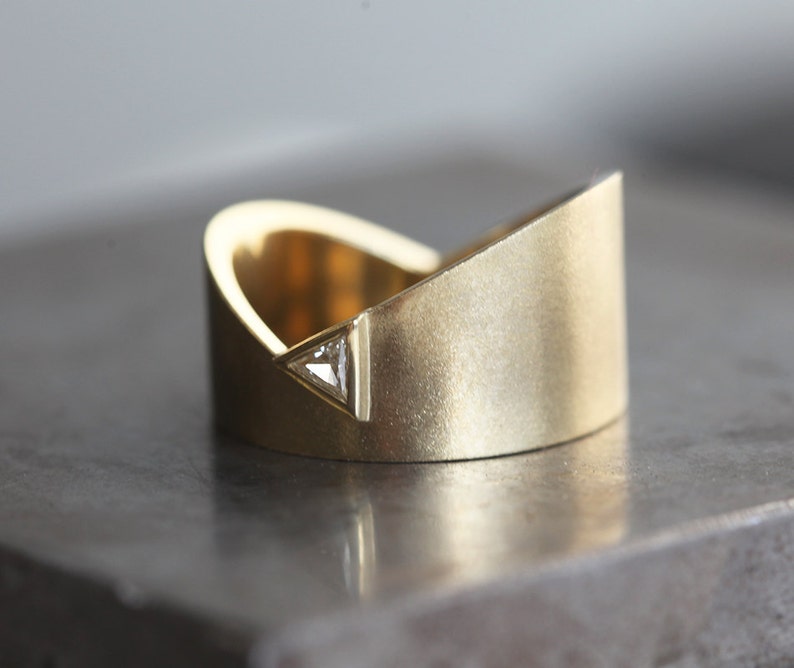 Triangle diamond wedding ring, Modern gold band, Wide trillion diamond ring, Unique asymmetrical ring image 5