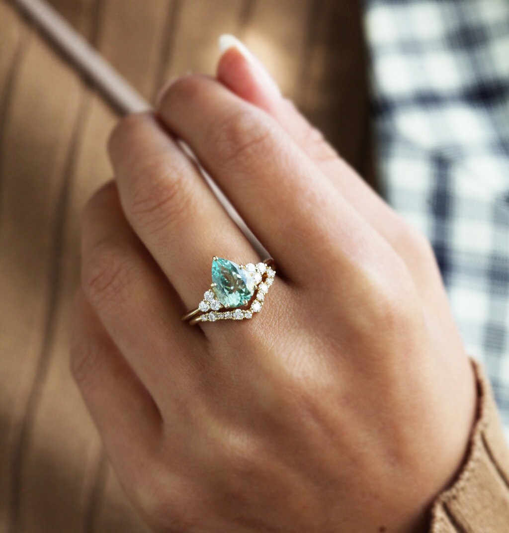 Mint Tourmaline Engagement Ring Pear Mint Tourmaline Diamond Ring
