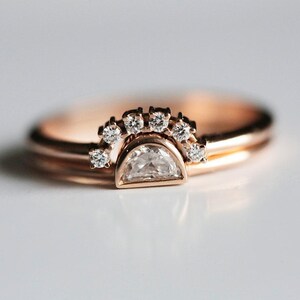 Half Moon Diamond Ring, Rose Gold Diamond Set, Rose Gold Wedding Set, Rose Gold Diamond Ring, Engagement Ring, 14k Rose Gold image 9