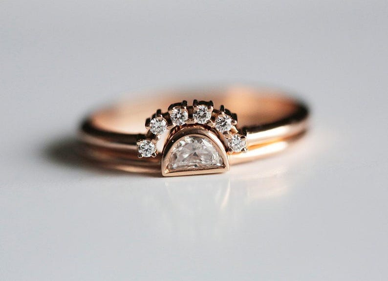 Half Moon Diamond Ring, Rose Gold Diamond Set, Rose Gold Wedding Set, Rose Gold Diamond Ring, Engagement Ring, 14k Rose Gold image 9