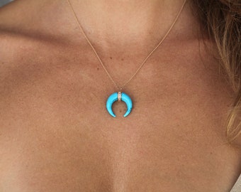 Turquoise Horn Necklace with Pave Round White Diamonds and Crescent Shaped Pendant in 14k Solid Gold