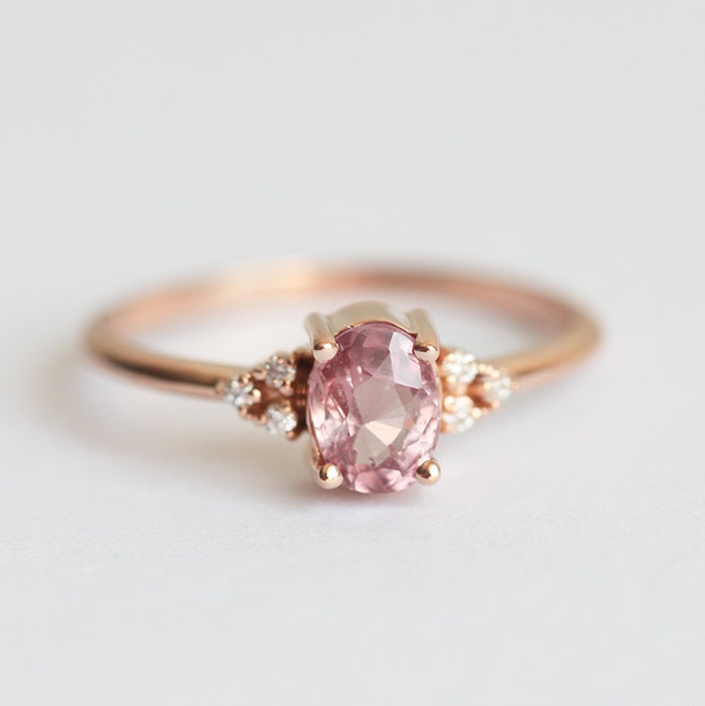 Delicate Rose Gold Peach Sapphire Ring, Pink Sapphire Diamond Ring, Rose Gold Engagement Ring image 7