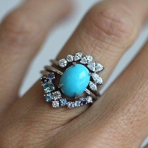 Wave Ring Set, Unique Engagement Ring Set, Turquoise Ring with Diamond Crown Ring, Cluster Ring Set, Turquoise Engagement Ring Set