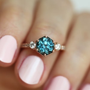Hexagon Sapphire Engagement Ring, Teal Blue Sapphire Diamond Ring, Round Sapphire ring with side diamonds, 2ct Sapphire Ring image 2