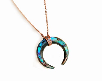 Abalone Necklace, Rose Gold Necklace, Pave Diamond, Bohemian Necklace, Double Horn, Jewelry, Rose Gold Chain, Diamond Necklace, Diamond