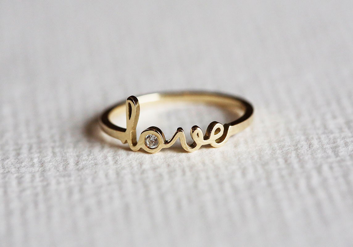 14k Solid Gold Love Ring • Gold Love Ring • Script Love Ring • Engagement  Ring | eBay