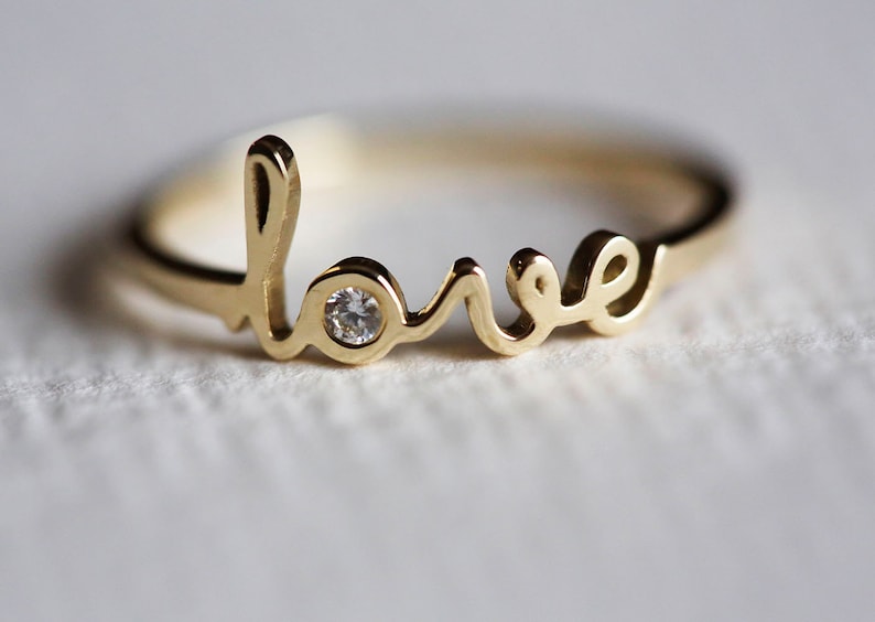 Gold Love Ring, Gold Name Ring, Birthstone Personalized Ring, Diamond Love Ring image 2