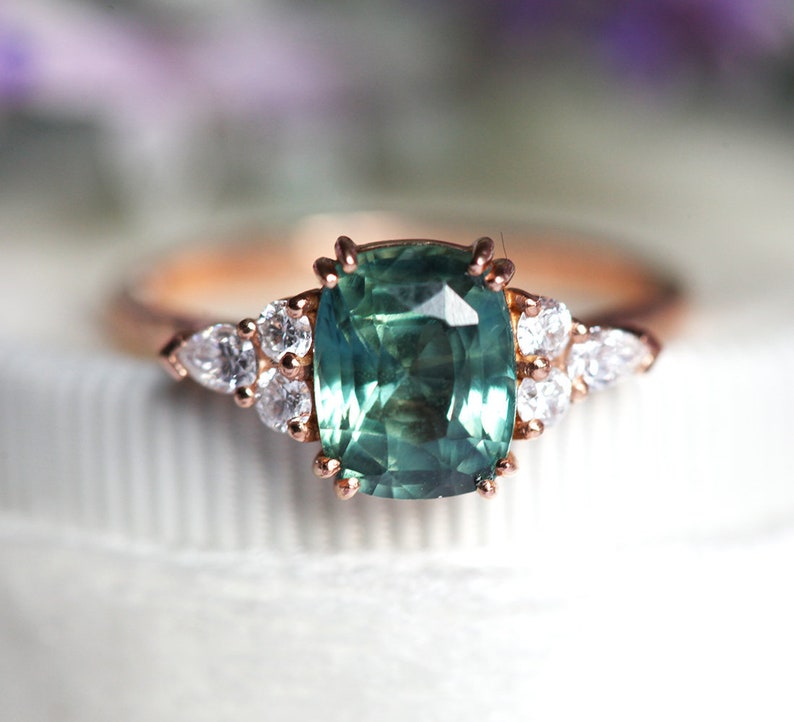 Teal Green Blue Sapphire & Diamond Ring, Cushion Cut Engagement Ring, 14k or 18k Solid Gold image 5