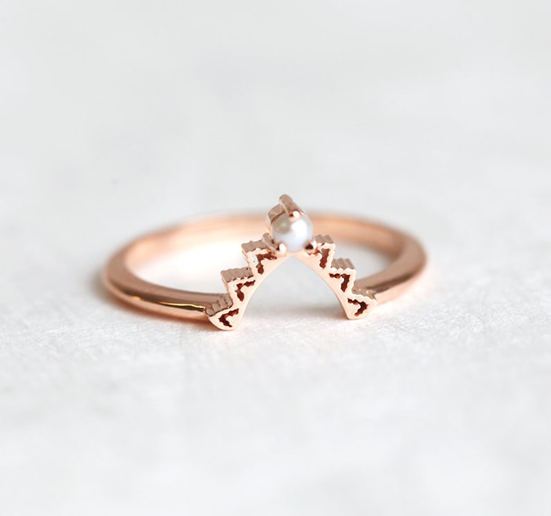 Pearl Wedding Ring, Women's Wedding Band with Tiny Pearl, Lace Ring Rose Gold by Minimalvs image 1