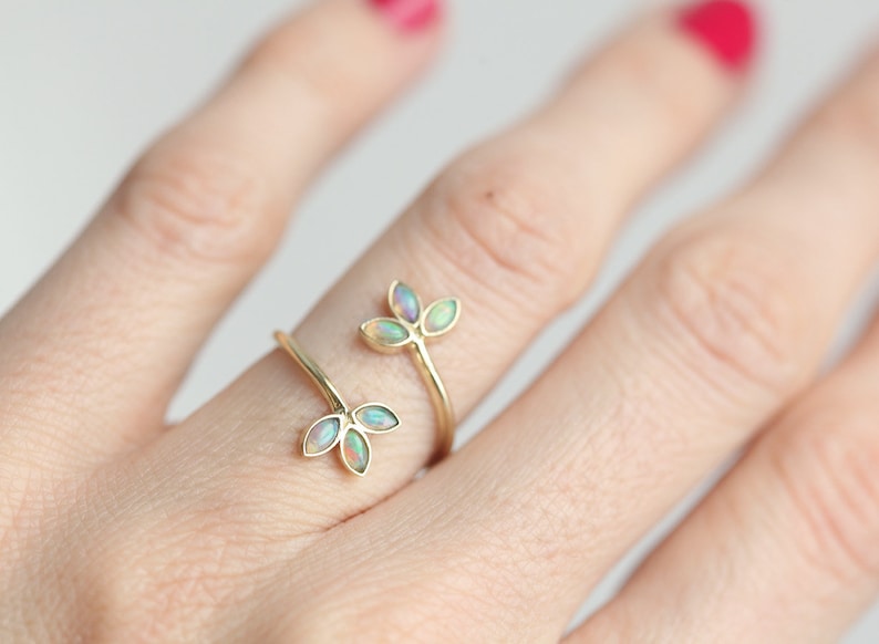 Opal Floral Ring, Marquise Leaf Wrap Ring, Twisted Open Anniversary Ring image 1