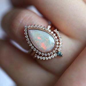 Australian opal ring set, Unique pear opal ring set with diamonds