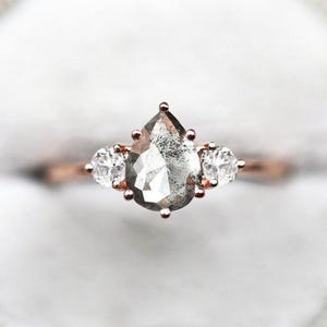 Pear salt pepper diamond engagement ring, Three diamond ring, Galaxy diamond ring, Unique wedding set