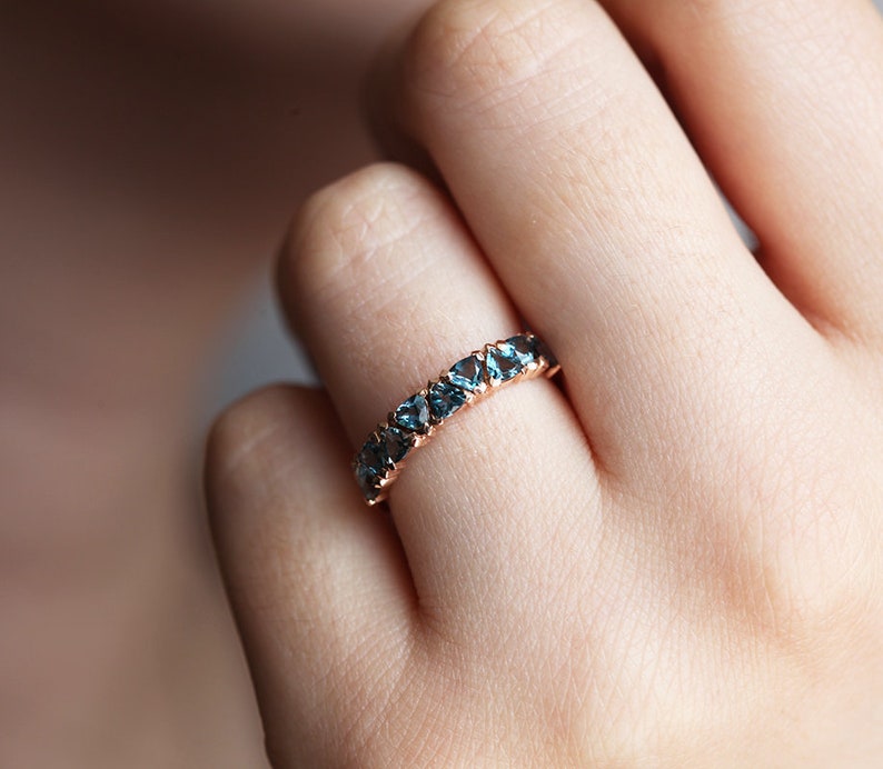 London Blue Topaz Ring, Teal Blue Wedding Band, Rose Gold Wedding Ring with London Blue Topaz, Unique Trillion Wedding Band image 1